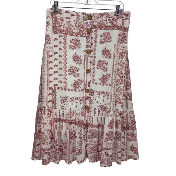 Mlle Gabrielle Dresses & Skirts - Mlle Gabrielle Red White‎ Paisley Bandana Button Front Ruffle Midi Skirt Size L